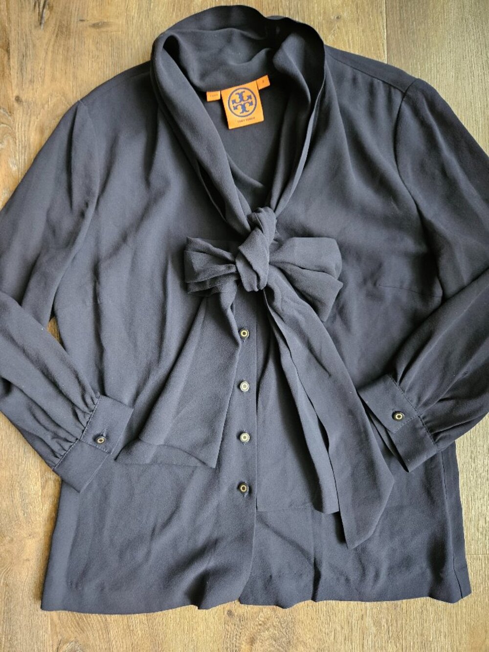 Tory Burch navy blue classic 100% silk blouse with front tie women's size 2